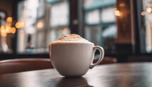 A frothy white cappuccino in a bright, urban café. Tapeta [db8cdbf13e9a4bc0ba98]