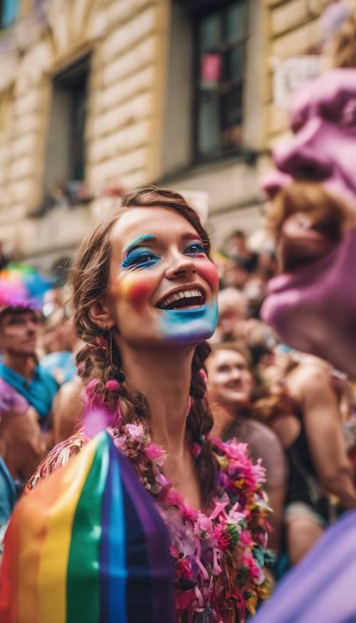 Penggambaran penuh warna dari Prague Pride Parade yang dipenuhi peserta yang energik.