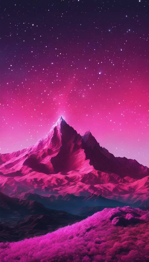 Una scena fantastica di una montagna rosa che brilla sotto un cielo notturno al neon pieno di stelle.