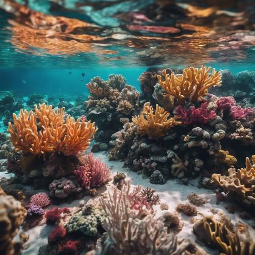 แนวปะการังที่มีชีวิตชีวาใต้น้ำเขตร้อนที่ใสสะอาดและสว่างไสวด้วยแสงแดด