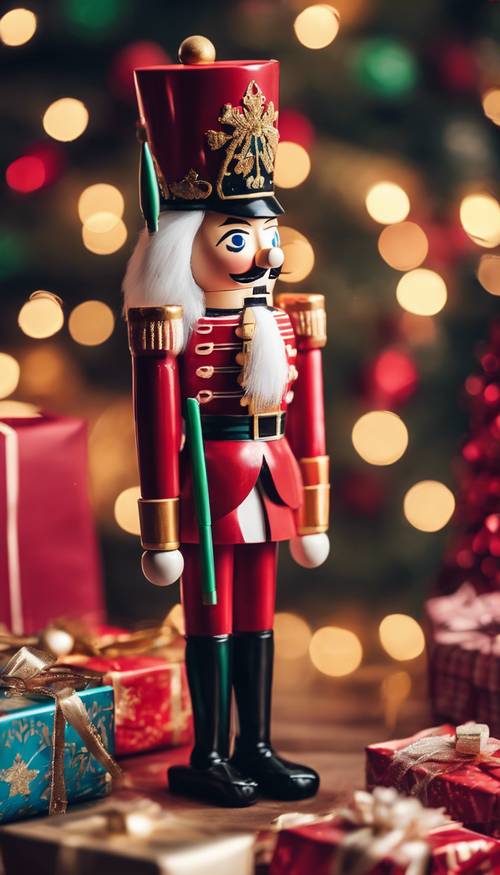 A Nutcracker toy soldier standing guard beside a pile of brightly wrapped presents. Tapet [fb002f1bf8124401a043]