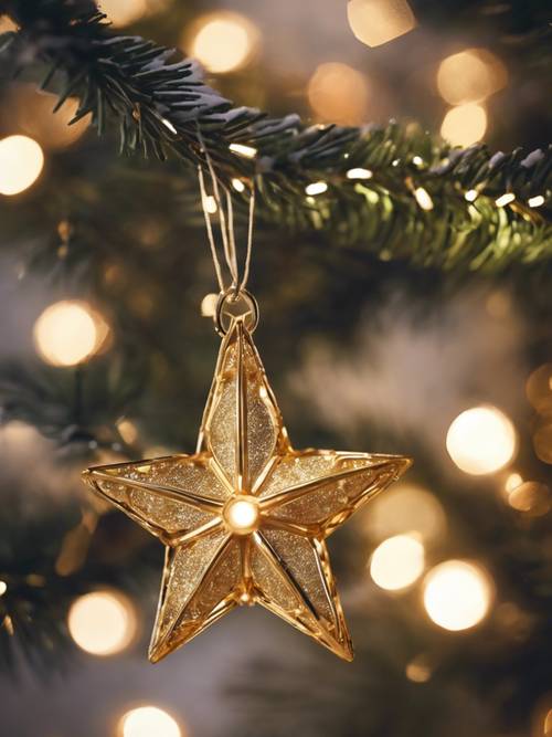 A star, elegantly crafted of gold, set atop a snowy Christmas tree, softly bathed in the delicate glow of the string lights.