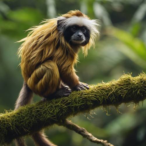 A solitary tamarin monkey with golden fur in the heart of the Amazon, perched on a moss-covered branch.