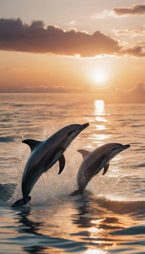 Um pôr do sol tranquilo sobre um oceano sereno, com um cardume de golfinhos saltando em primeiro plano