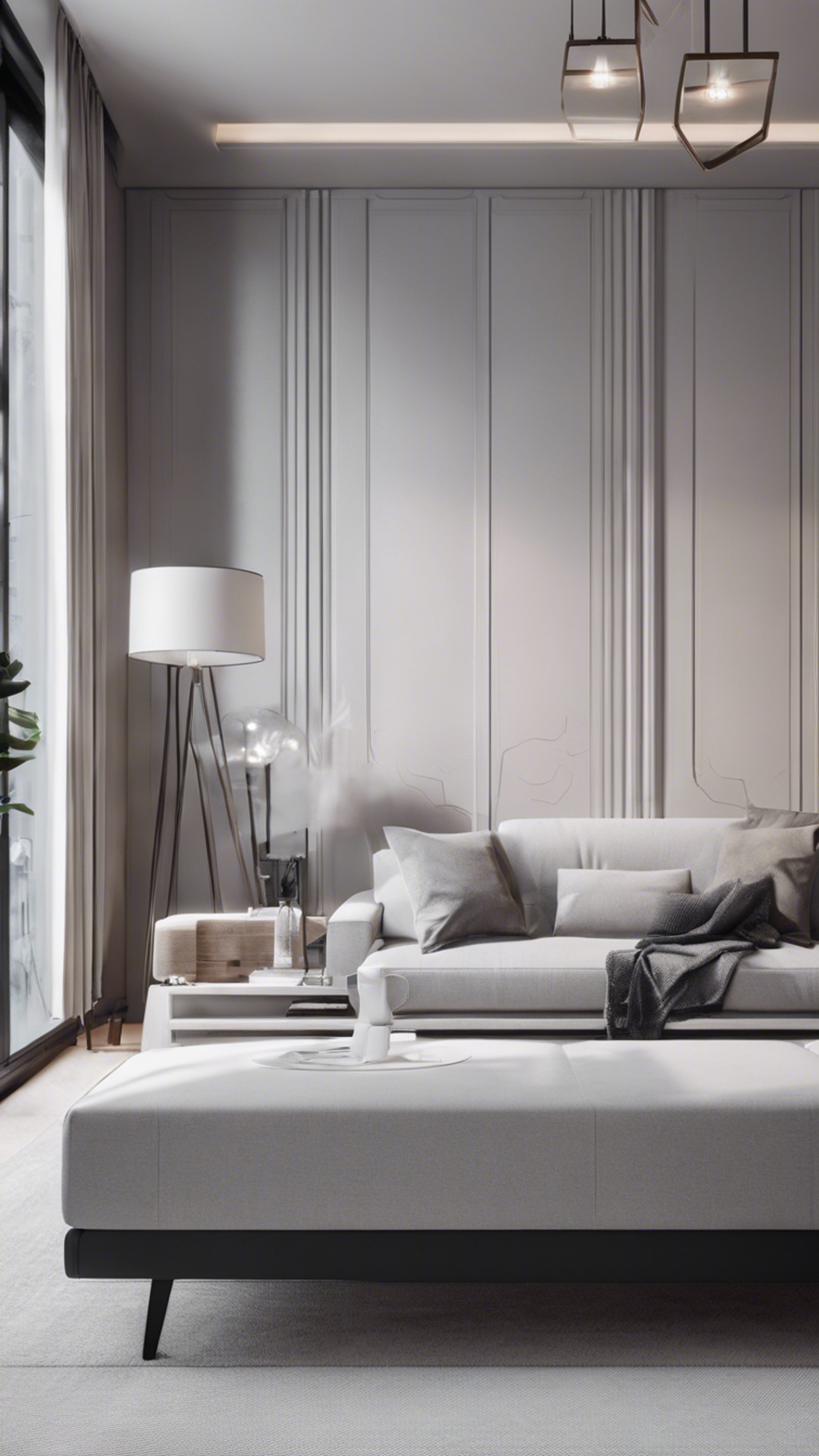 Modern minimalist apartment with a monochromatic color scheme, sleek furniture, and clean lines. วอลล์เปเปอร์[058f163fe75a462d9ddd]