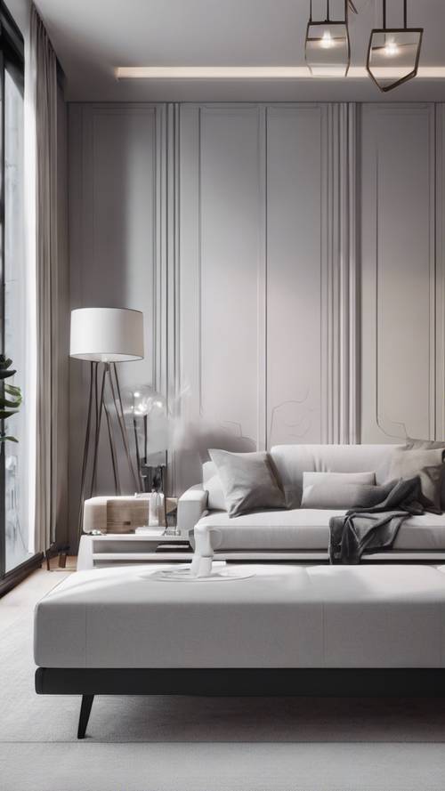Apartemen modern minimalis dengan skema warna monokromatik, furnitur ramping, dan garis bersih.