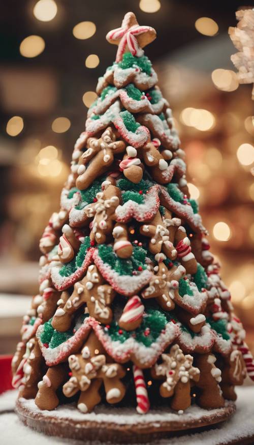 Un árbol de Navidad adornado con adornos comestibles de pan de jengibre y bastones de caramelo en la vitrina de una panadería.