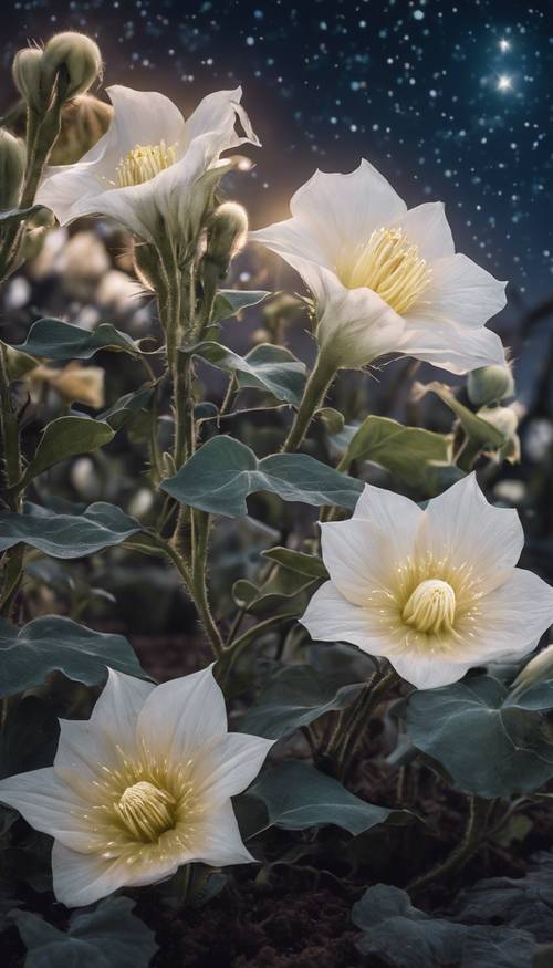 Una plantación de temática astronómica con flores de luna, cerezos de floración nocturna y prímulas vespertinas bajo un cielo estrellado.