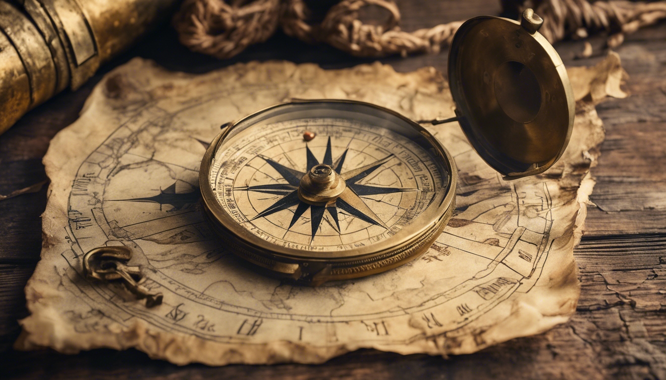 An antique brass compass and a worn-out treasure map laid on an old wooden table. Ფონი[4958d54b410d4044a28b]