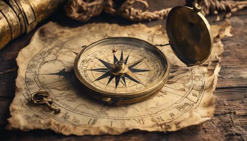 Kompas kuningan antik dan peta harta karun usang diletakkan di atas meja kayu tua.