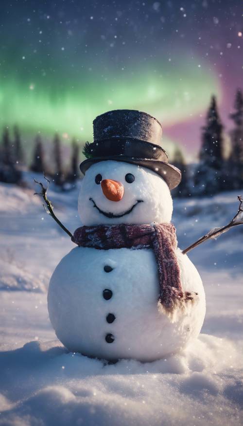 Праздничная открытка с изображением веселого снеговика с угольной улыбкой и румяными щеками, стоящего среди заснеженного пейзажа под небом, наполненным северным сиянием.