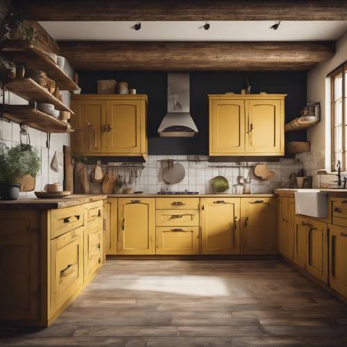 质朴的乡村风格厨房，配有深黄色木质橱柜。