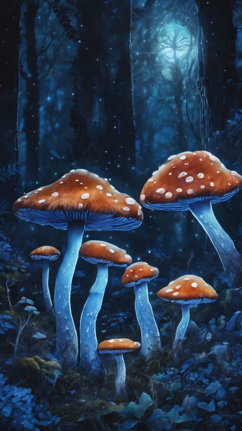 لوحة فنية لغابة فطر ذات إضاءة حيوية مضاءة باللون الأزرق منتصف الليل، ومغمورة تحت ضوء القمر.