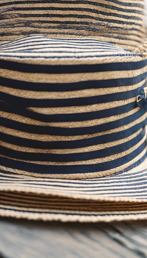 A wide-brimmed boater hat with a charming navy stripe ribbon wrapped around it.