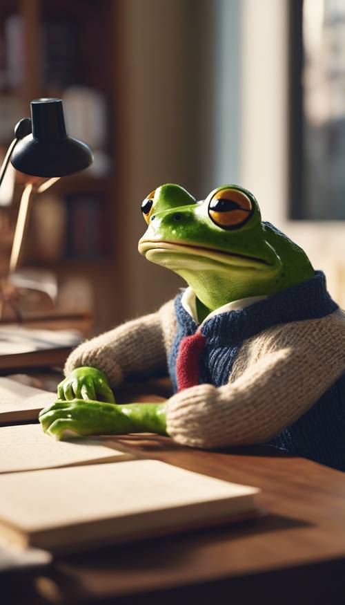 A preppy frog wearing a university sweater studying at a wooden desk.