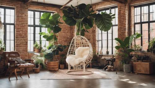 An open plan modern boho loft with exposed bricks and beams, a hanging chair, and a tall Fiddle Leaf Fig tree.