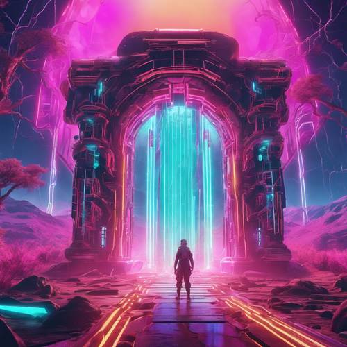 Surreal portals opening in a cybernetic landscape with multicolored beams shooting out. Wallpaper [7b34d8a64f0f4978822d]