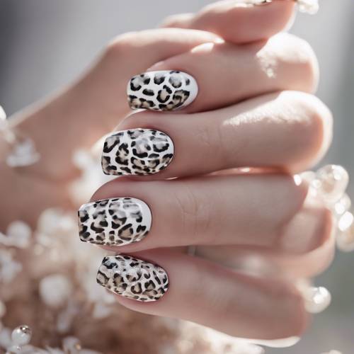 A woman's hand adorned with white leopard print nail art holding a rose. Tapet [698851dd0abc4bf58b98]