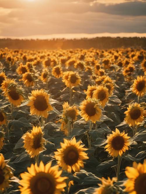 Ein Feld goldener Sonnenblumen mit Blick in die untergehende Sonne.