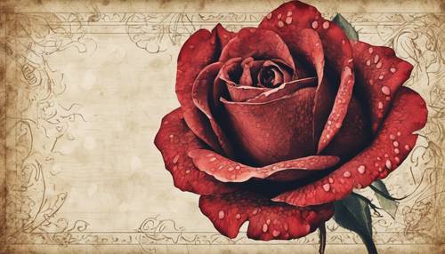 復古情人節卡片，上面刻有猩紅色玫瑰的詳細蝕刻。