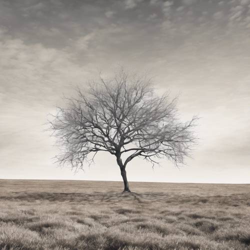 Un boceto minimalista de un único árbol desnudo en un paisaje plano y abierto.