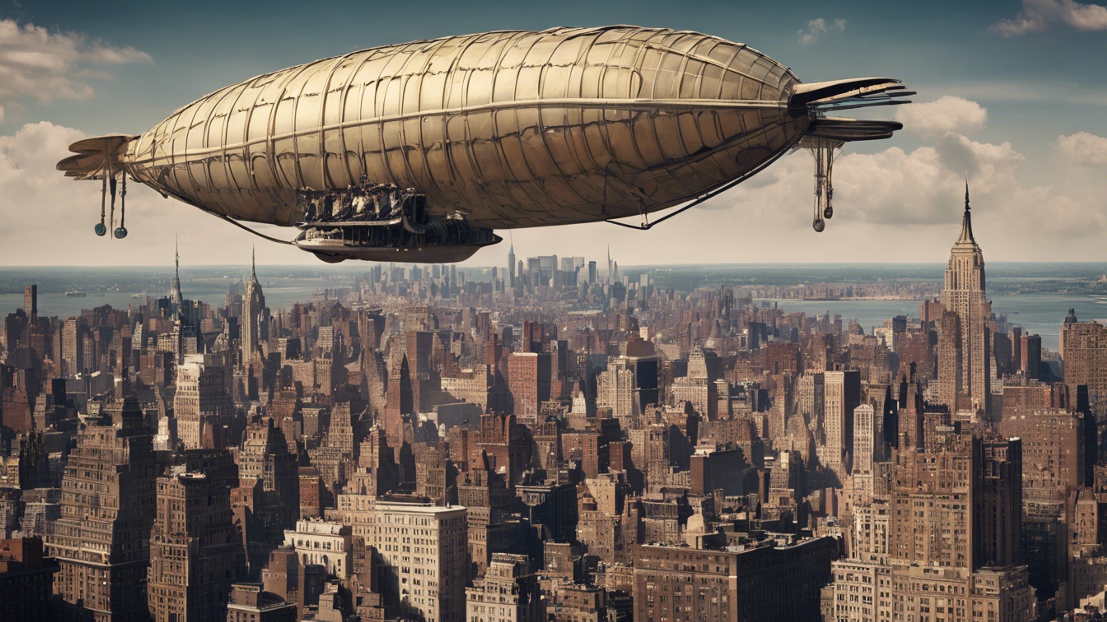 A nostalgic skyline view of 1920s New York City, peppered with zeppelins. Тапет[5c42609b28fb4c129601]