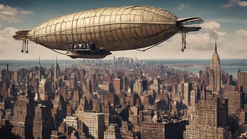 Nostalgiczny widok na panoramę Nowego Jorku z lat 20. XX wieku, usianą sterowcami.