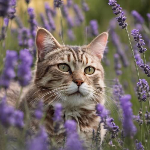 Seekor kucing kucing tua dengan malas menepuk-nepuk kupu-kupu, sambil berbaring di hamparan bunga lavender.