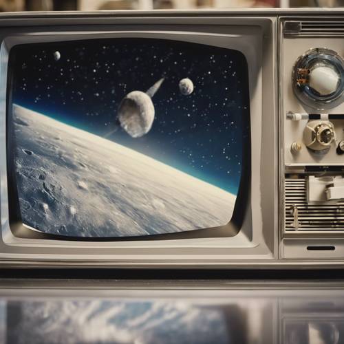 Close de uma tela de televisão mostrando o pouso da missão Apollo.