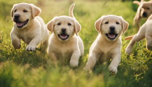 一群活泼的金色拉布拉多小狗在阳光普照的绿色草地上奔跑