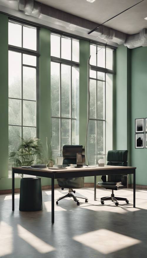 Nội thất văn phòng tối giản màu xanh lá cây xô thơm với cửa sổ lớn