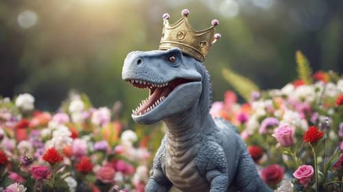 A gray dinosaur with a peaceful disposition, adorned with a crown of fresh flowers.