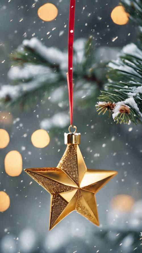 תקריב של כוכב זהב מעוצב באלגנטיות התלוי כקישוט חג המולד מעץ אורן מושלג. טפט [58f41d788e7a461590a9]