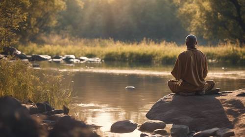 A yogi in deep meditation by a peaceful river, basking in the gentle shine of the early morning sun.