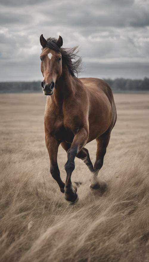 Ein braunes Pferd galoppiert unter einem bewölkten, grauen Himmel über ein windgepeitschtes Feld.