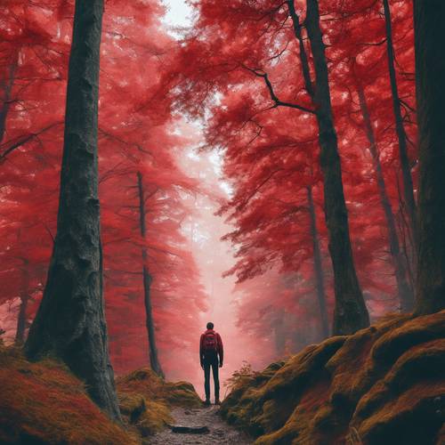 A hiker looking in awe at the dramatic, red canopies of a serene forest