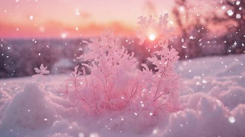 Citation célèbre infléchie par de doux flocons de neige blancs sur le dégradé d&#39;un ciel de coucher de soleil d&#39;hiver rose.