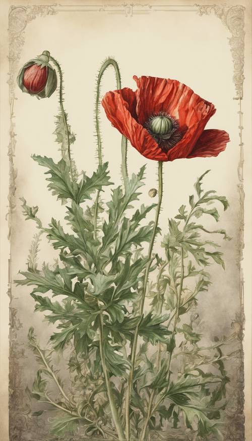 Vintage botanical illustration of a single red poppy with elaborate details on the petals and leaves.