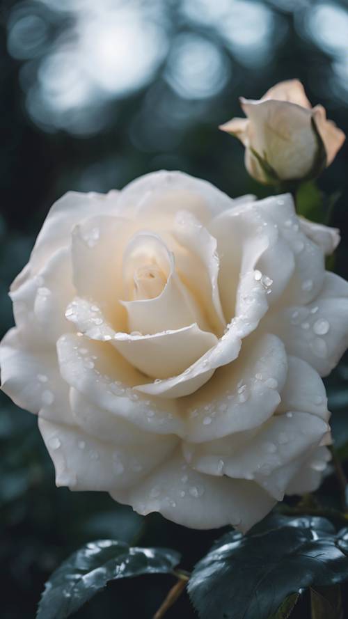 Cahaya bulan menyinari kelopak mawar putih beludru di taman terpencil.