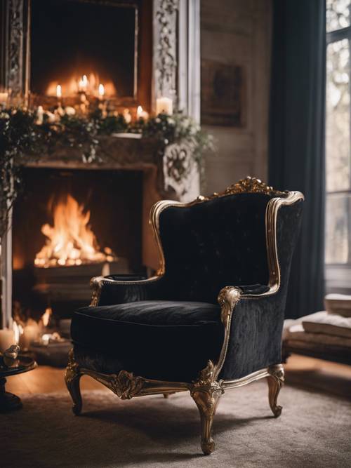 復古壁爐前擺放著一張豪華的黑色天鵝絨椅子