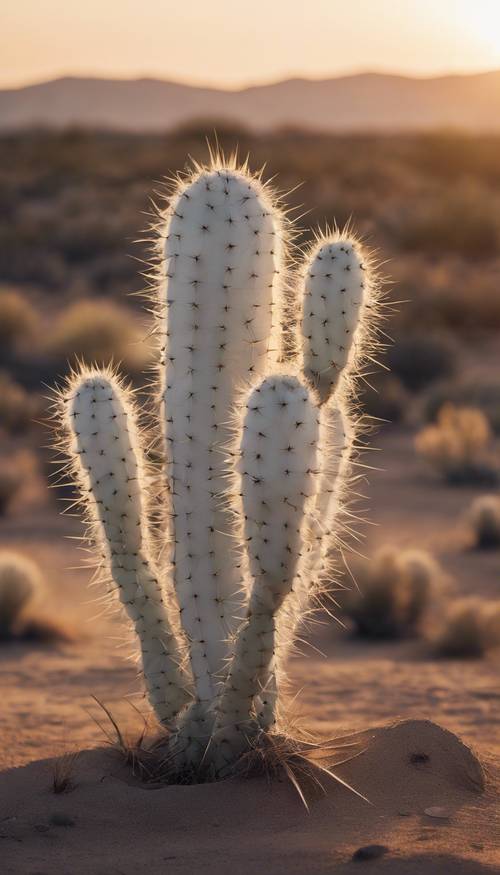 Um cacto branco fantasmagórico com grandes pontas em forma de agulha assentadas de forma resiliente no solo árido do deserto com um fundo de pôr do sol.