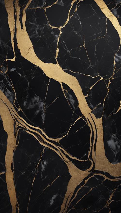 A smooth, black marble with gold veins, reflecting a dim, warm light.