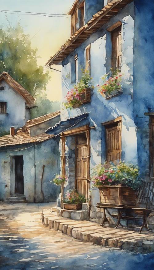 Pintura em aquarela azul de uma cena matinal em uma vila rústica.