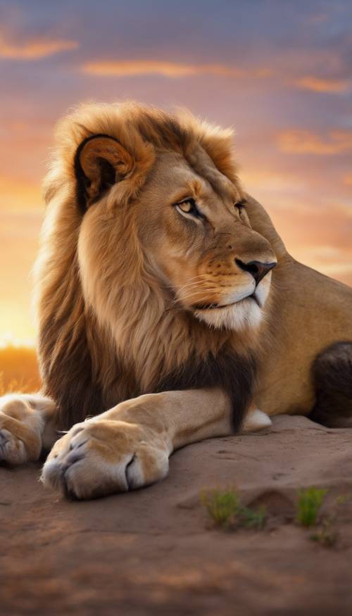 A photo-realistic painting of a majestic golden-brown lion lounging lazily under the glowing sunset.