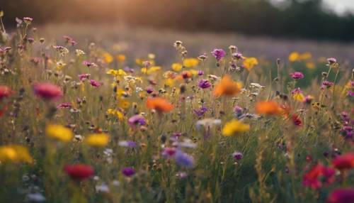 A patch of colorful wildflowers waving cheerfully in the meadow, watched over by the setting sun.