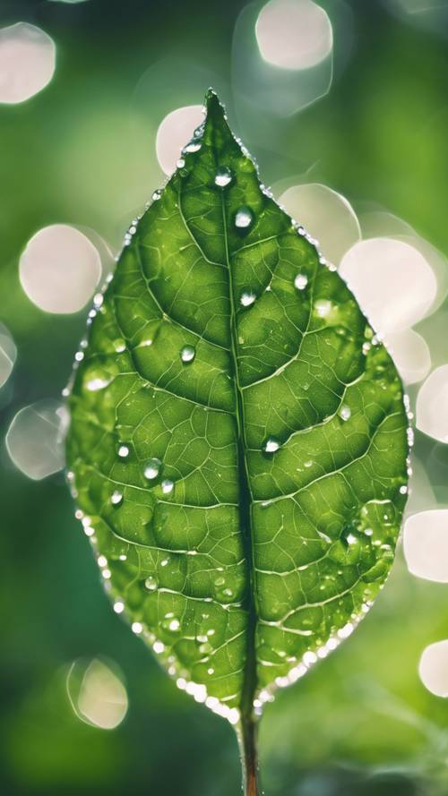 A detailed close-up of a green leaf glittering with morning dew.
