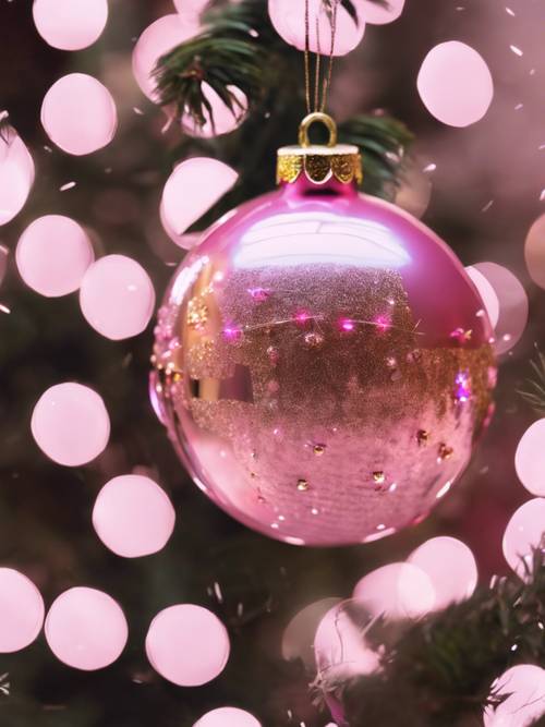 Close-up of a pink Christmas bauble reflecting a cheerful family gathering.