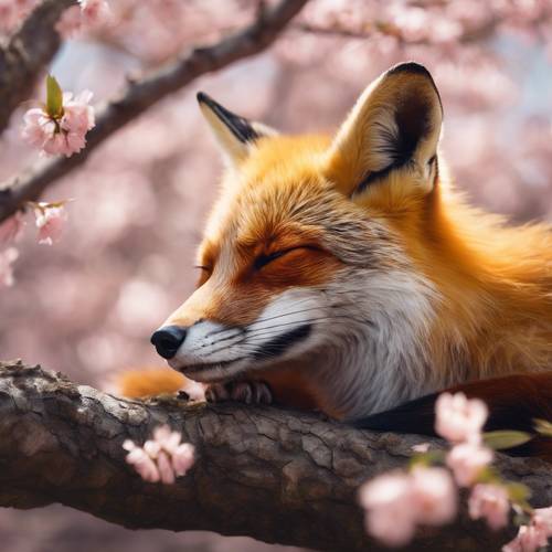 A soft portrait of a red fox sleeping peacefully under a cherry blossom tree in full bloom.