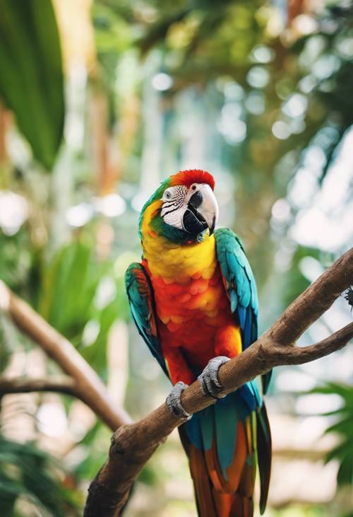 Jaskrawo kolorowa papuga siedząca na gałęzi w gęstym tropikalnym ogrodzie botanicznym.