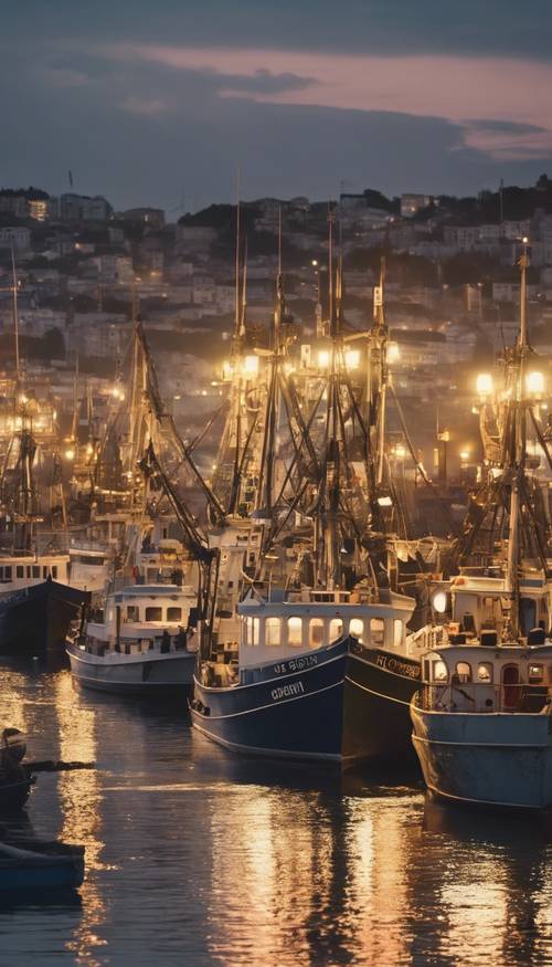 A bustling maritime port at dusk brimming with fishing boats returning from the day's catch.